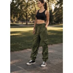 Green Black Houndstooth Jogger Pants MIRRORS Streetwear Cargo Lounge Large NWT
